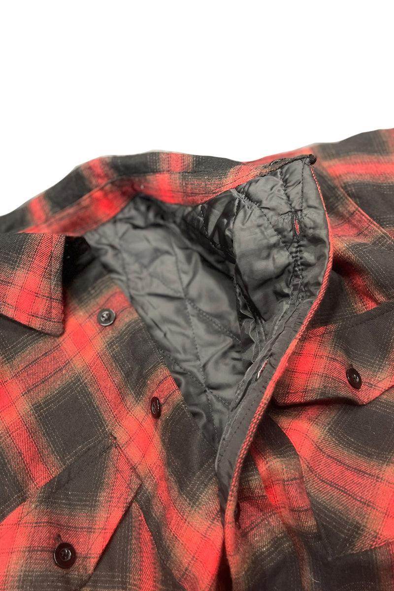 Close-up of red and black checked warm flannel shirts for men showcasing interior detail and button design
