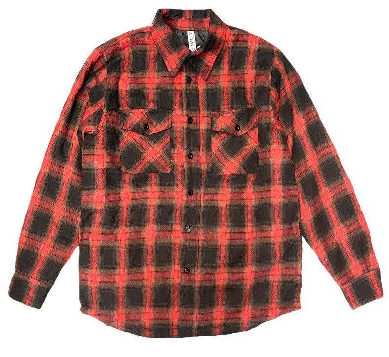 Red and black plaid warm flannel shirts for men with two chest pockets for a stylish look